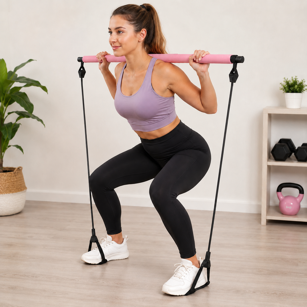 Woman squatting with FemmeFitSculpt pilates bar
